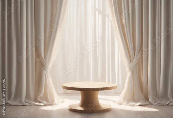 Fototapeta Empty modern round wooden podium side table in soft white blowing drapery curtain drapes in sunlight