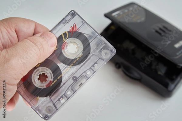 Fototapeta A hand holding an old audio cassette against a white background, with an old audio player in the background, close-up, music from past years, old audio recordings, old analog technologies