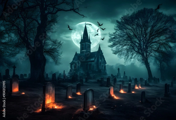 Fototapeta A haunting graveyard scene featuring a dark, eerie church under a full moon. Bats fly in the night sky, and glowing candles illuminate the gravestones, creating a spooky atmosphere. Halloween Concept.