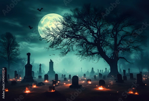 Fototapeta A spooky graveyard scene at night with a full moon illuminating the sky. Silhouetted trees and tombstones are scattered throughout, with glowing embers on the ground and bats flying in the background.