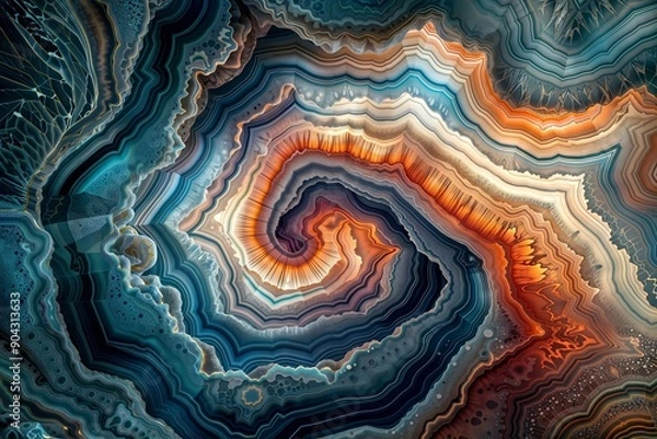 Obraz Agate Spiral. Intricate digital render of a spiral agate formation with layered bands of blue, orange, and white resembling a cross-section of a gemstone.
