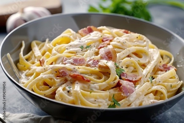 Fototapeta Creamy fettuccine carbonara in bowl with bacon bits