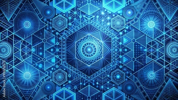 Obraz Perspective Overhead Composition Geometric, abstract, symmetrical Image details Blue, glowing lines, intricate patterns, repeating shapes Concept Futuristic, technology