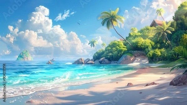 Fototapeta beach with palm trees and sea