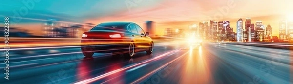 Fototapeta A sleek car speeding along a highway, blending into a vibrant city skyline at dusk, showcasing motion and urban life.
