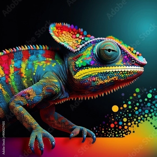 Obraz cameleon qui marche avec couleurs vives efond turquoise vert points