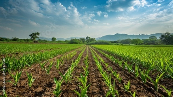 Fototapeta Sugarcane land converted for cultivating another crop under clear sky