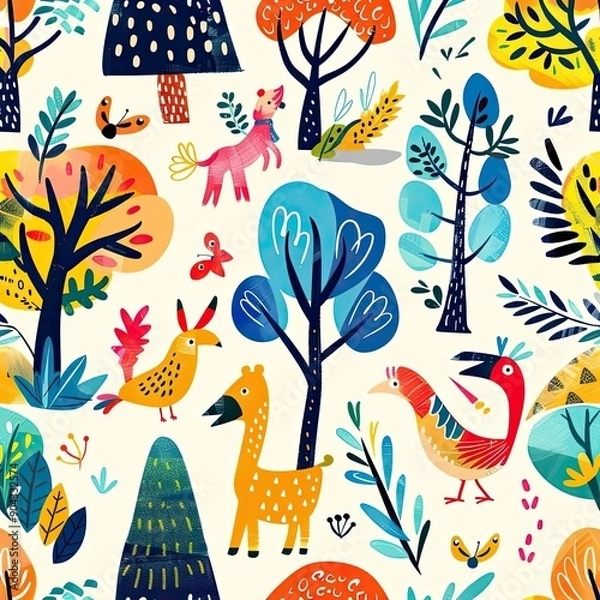 Fototapeta Playful eco-friendly seamless pattern featuring whimsical flowers and leaves in pastel colors, nature-inspired design, detailed and vibrant