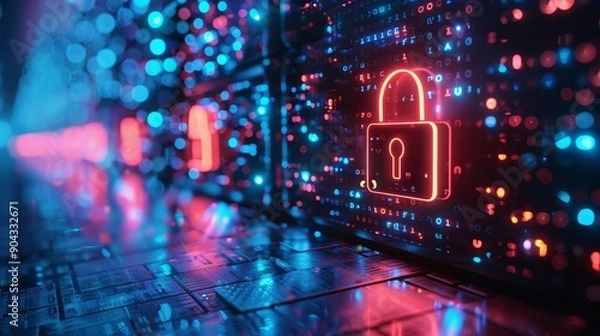 Fototapeta Encrypted data packets moving through a network with zero trust barriers, Zero Trust Architecture, advanced data protection