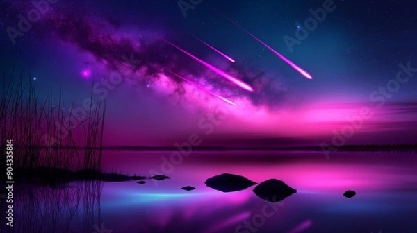 Fototapeta landscape with lake and meteor shower in the  bright pink sky. 