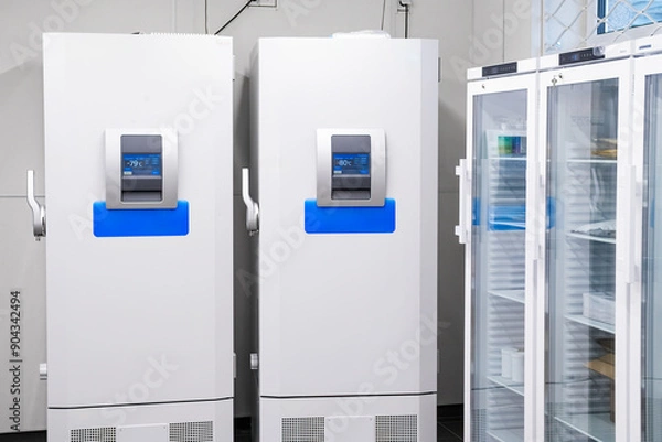 Obraz Industrial freezer maintaining -80 C for sample storage before chemical or biochemical testing