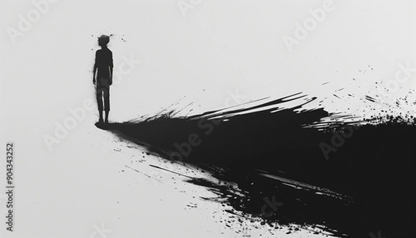 Fototapeta Silhouette of a person standing alone with an abstract splash of black ink spreading across a white background.