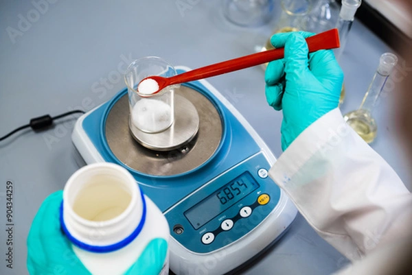 Obraz A woman chemist measures powder samples with laboratory balances