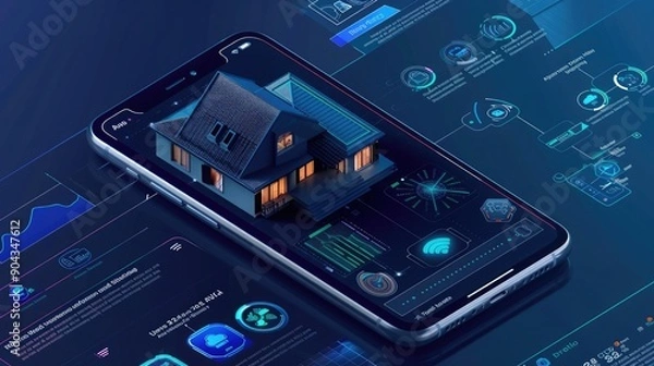 Fototapeta A smart home security interface on a smartphone, providing real-time alerts and AI-based analysis of security threats.