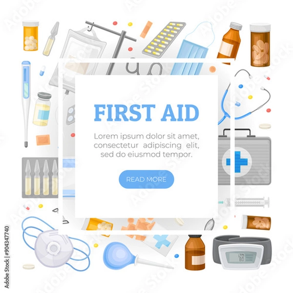 Fototapeta Medical Web Banner Design with Hospital Object Vector Template