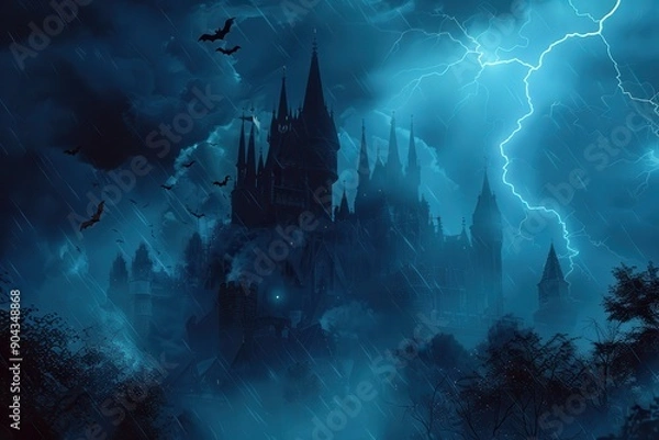 Fototapeta A dark, ominous castle with bats flying around, set against a stormy night sky with lightning
