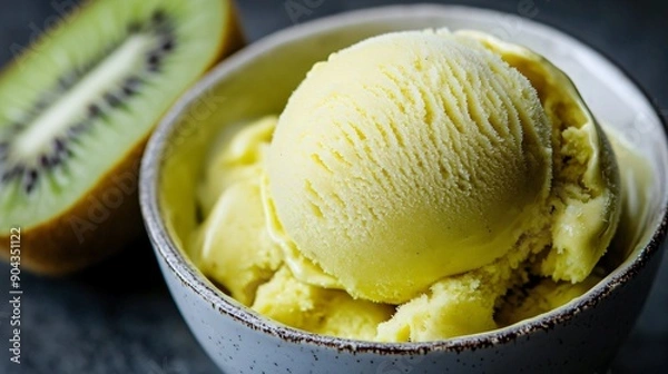 Fototapeta A slice of kiwi next to a scoop of kiwi-flavored ice cream, emphasizing the contrast between the fuzzy skin and the smooth ice cream