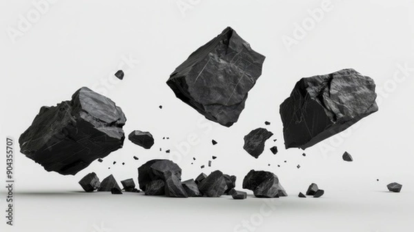 Fototapeta Falling coal rock. Fall charcoal fuel. Dark fossil group. Resource material background. Isolated flying black stone