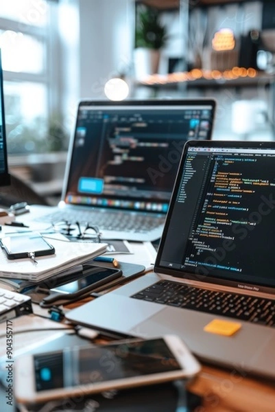 Obraz Software Developer Testing Mobile Application in Modern Workspace Setup with Laptop and Notes