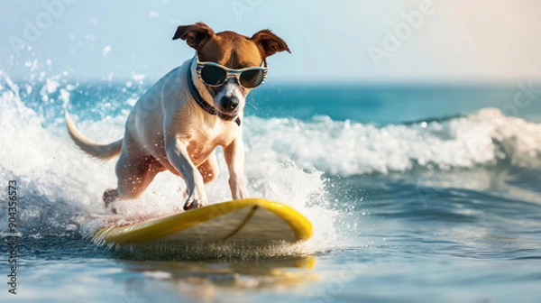 Fototapeta A dog wearing sunglasses is surfing on a yellow surfboard, riding a wave in the ocean on a sunny day.