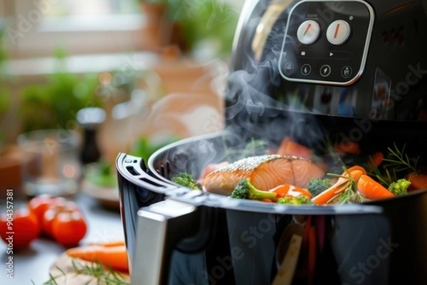 Fototapeta An air fryer cooking a healthy meal of vegetables and fish, with steam rising and a timer visible on the display