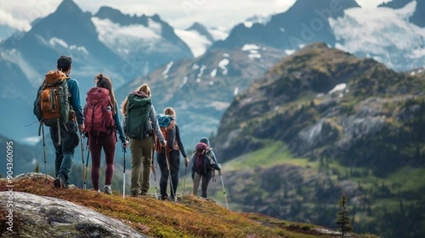 Fototapeta A group of friends hiking along a ridge line with breathtaking views