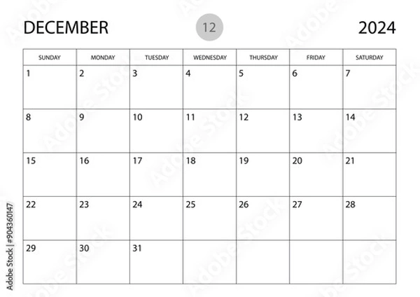 Fototapeta December 2024 year planner template, calendar 2024 template, monthly and yearly planners. organizer diary. week start Sunday, corporate planner template, Desk calendar 2024 year, Vector illustration