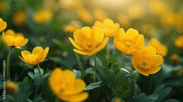 Obraz Bright yellow buttercup flowers blooming in spring sunshine