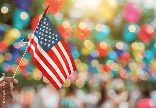 Obraz A group of people holding an American flag at a naturalization ceremony, with a blurred background showing other guests and decorations. The image is in the style of an anonymous artist.