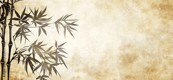 Fototapeta Kayami photo wallpaper in the interior features tropical plants with bamboo leaves on a textured rubbed background