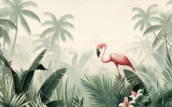 Fototapeta Wallpaper with tropical plants, Jungle background, Bird and leaves, landscape, back yard, mural art.