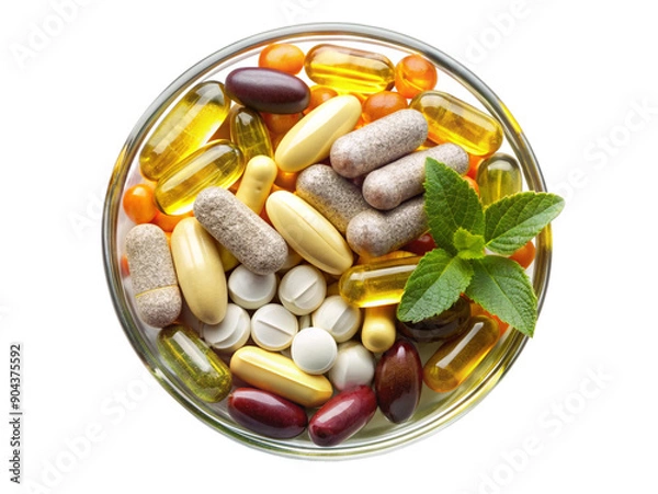 Fototapeta Close up Vitamins and supplements, top view, on a white background. Generative AI.