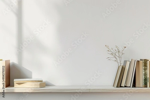 Fototapeta Minimalist shelf with books and plant in sunlight