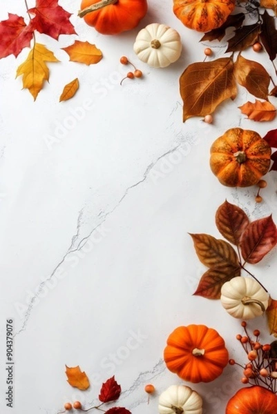Obraz Harvest Season Vibes: Pumpkins and Leaves Arrangement on White Background
