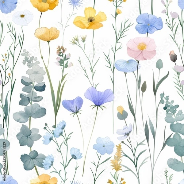 Fototapeta Flower motifs scattered randomly in a seamless pattern of wild wild flowers. This print is influenced by a flourishing botanical motif trend. It is hand drawn in watercolor.