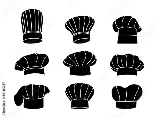 Fototapeta Set of Chef Hat Silhouette in various poses isolated on white background