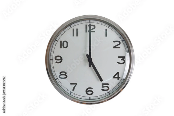 Obraz A white round shape wall clock with black hands showing the time of 5 o'clock cutout from background. Short hand at 5 o'clock and long hand at number 12.