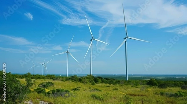 Fototapeta Wind turbines in a rural landscape, symbolizing the use of latest technology for energy production