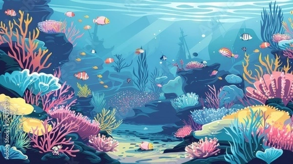 Fototapeta Illustration depicting a seabed landscape with coral reefs and various fishes
