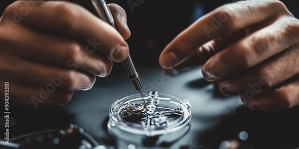Fototapeta Artisanal watchmaker repairing a luxury timepiece. Close-up photography. Design for skilled craftsmanship, horological art, and precision mechanics concept