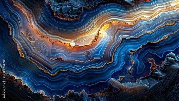 Fototapeta Agate Dreamscape. Intricate swirling patterns of blue, gold, and white create a mesmerizing agate texture.
