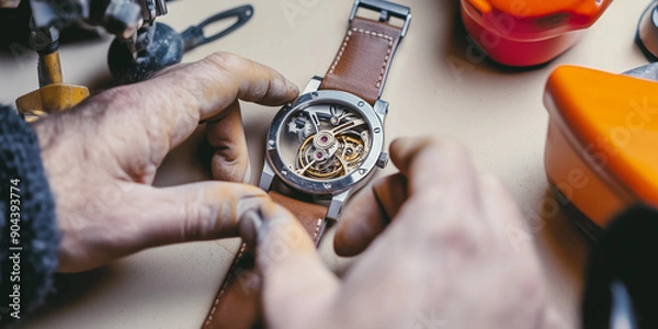 Fototapeta Artisanal watchmaker repairing a luxury timepiece. Close-up photography. Design for skilled craftsmanship, horological art, and precision mechanics concept