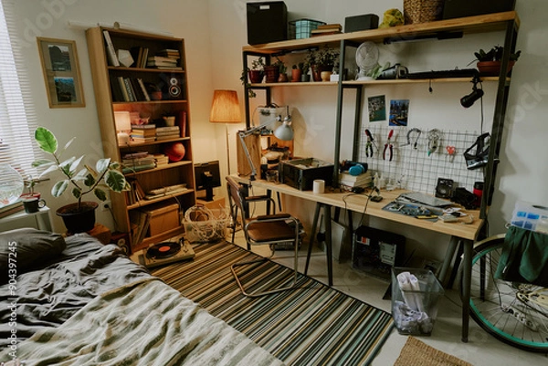 Fototapeta High angle shot of technician workspace with tools in messy dorm bedroom