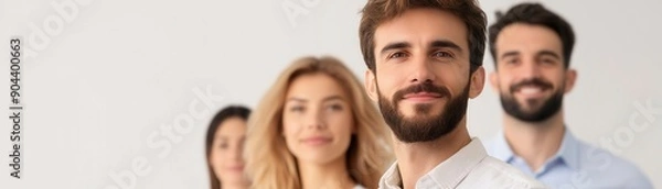 Fototapeta Group of young professionals standing in a row with confident smiles, highlighting teamwork and positivity in a modern business environment.