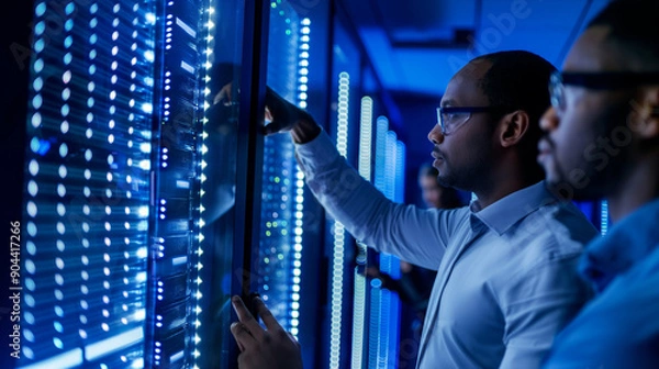 Fototapeta Technicians inspecting server racks and ensuring optimal performance in a data center