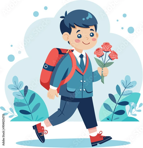 Fototapeta Schoolboy goes to school with a briefcase and a bouquet of flowers for the teacher on a transparent background ESP vector
