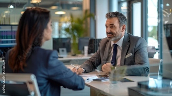 Fototapeta Banking Specialist Helping A Client In A Contemporary And High-End Bank Location. Financial Advisor Having A Warm And Informative Discussion With The Client. Generative AI
