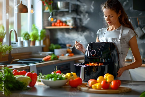 Fototapeta A person in a kitchen using an air fryer with various foods