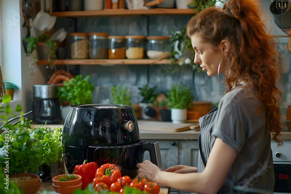 Fototapeta A person in a kitchen using an air fryer with various foods