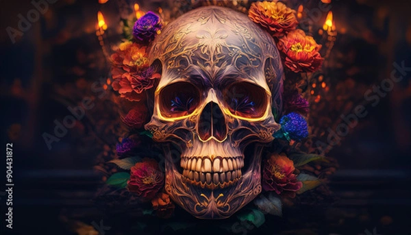 Fototapeta Day of the dead, Dia de los muertos, sugar skull with marigold flowers wreath on paper black color Background.